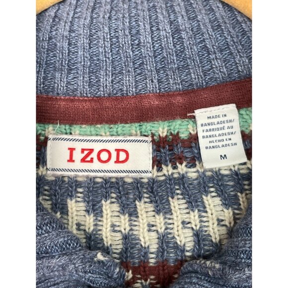 Izod Men's Blue Multicolor Button Mock Neck Knit Long Sleeve Sweater Medium USED - Picture 2 of 6